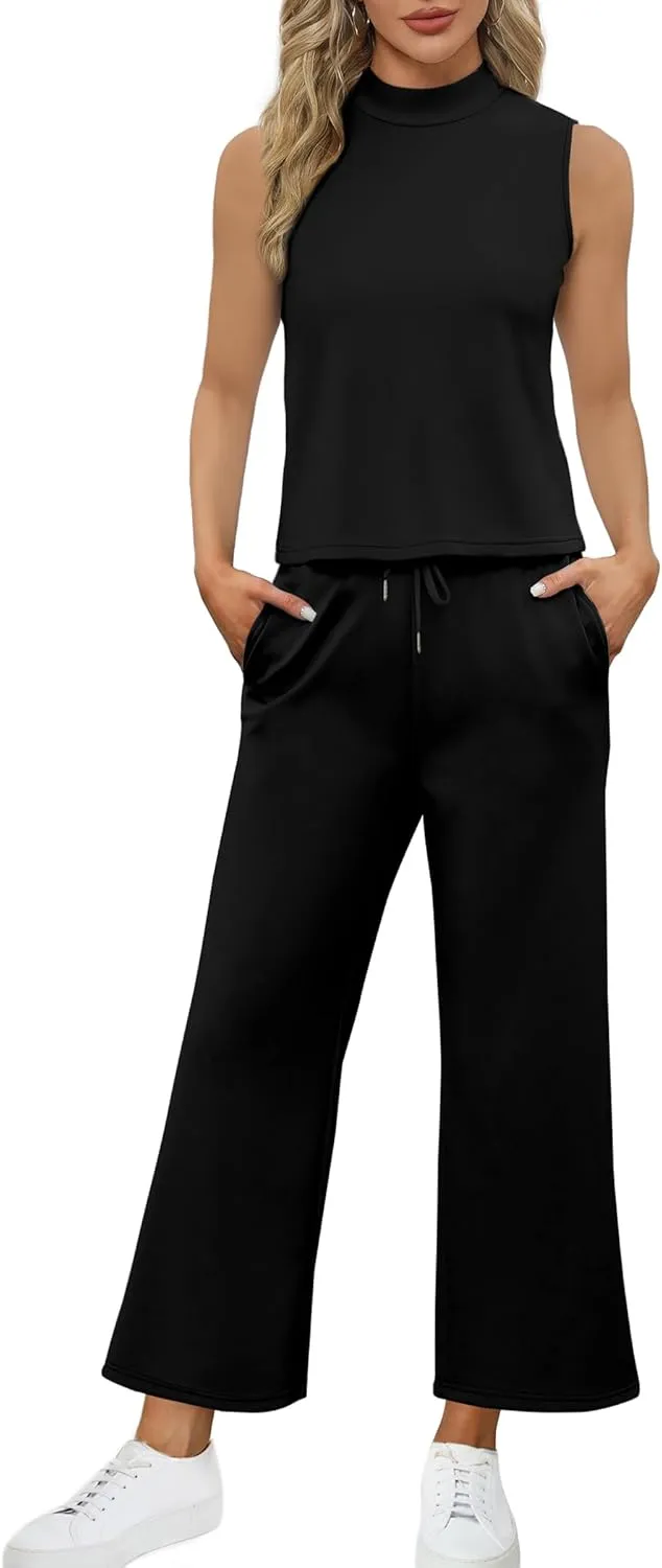 SAMPEEL Two Piece Sets for Women Summer Outfits Lounge Sets Mock Neck Tops Wide Leg Crop Pants Vacation Travel Outfits