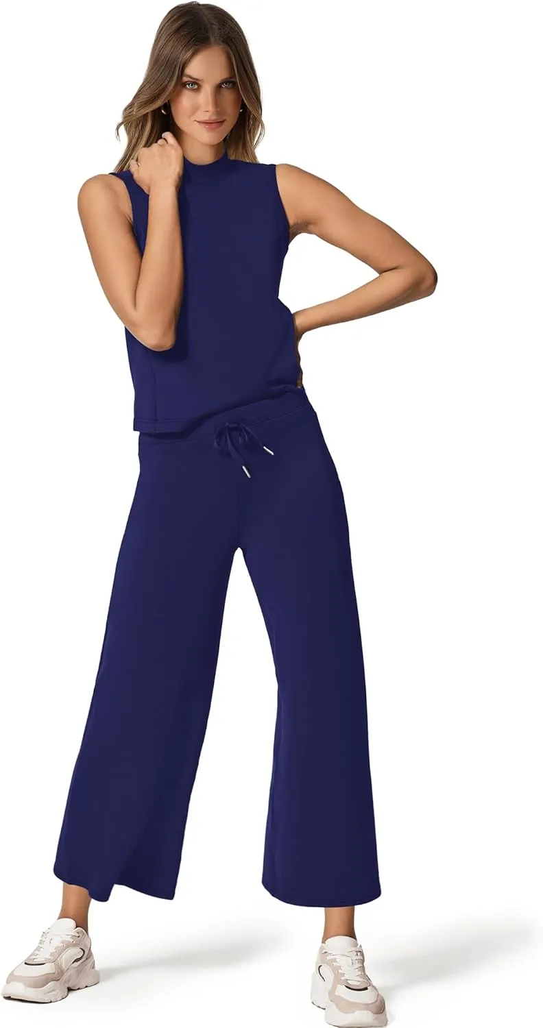 SAMPEEL Two Piece Sets for Women Summer Outfits Lounge Sets Mock Neck Tops Wide Leg Crop Pants Vacation Travel Outfits