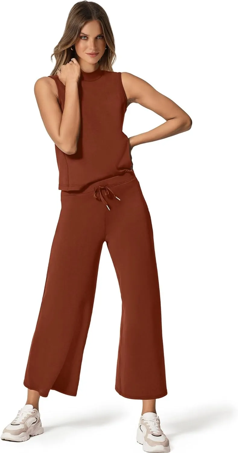 SAMPEEL Two Piece Sets for Women Summer Outfits Lounge Sets Mock Neck Tops Wide Leg Crop Pants Vacation Travel Outfits