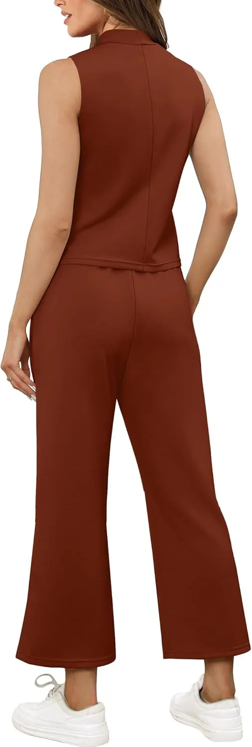 SAMPEEL Two Piece Sets for Women Summer Outfits Lounge Sets Mock Neck Tops Wide Leg Crop Pants Vacation Travel Outfits