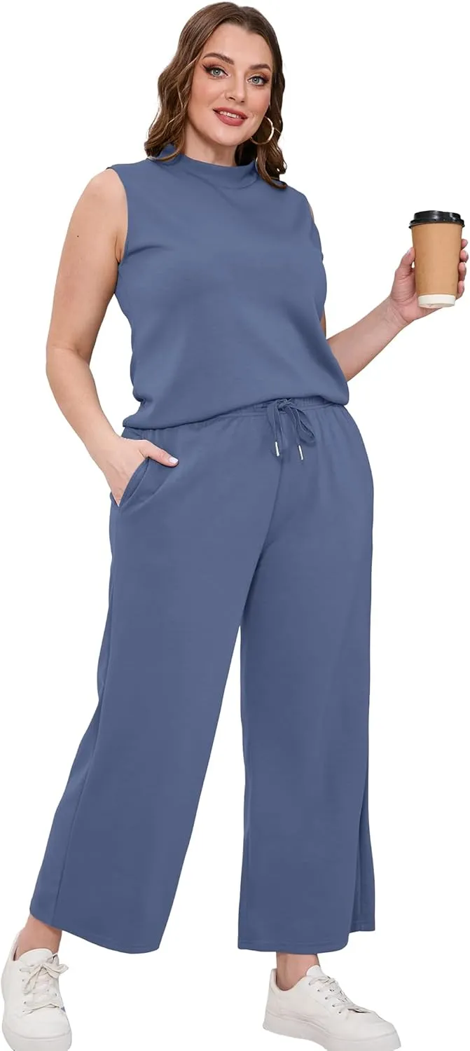 SAMPEEL Two Piece Sets for Women Summer Outfits Lounge Sets Mock Neck Tops Wide Leg Crop Pants Vacation Travel Outfits