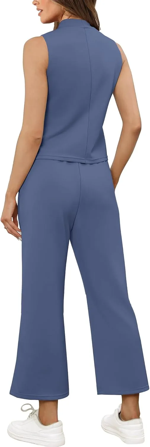 SAMPEEL Two Piece Sets for Women Summer Outfits Lounge Sets Mock Neck Tops Wide Leg Crop Pants Vacation Travel Outfits
