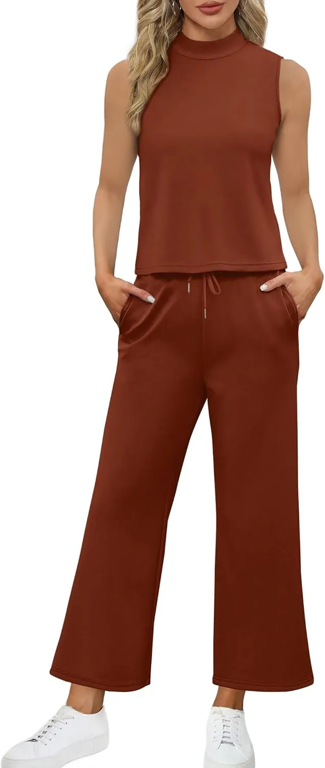 SAMPEEL Two Piece Sets for Women Summer Outfits Lounge Sets Mock Neck Tops Wide Leg Crop Pants Vacation Travel Outfits