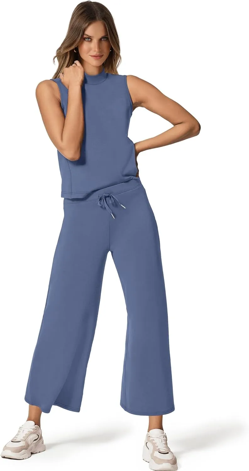 SAMPEEL Two Piece Sets for Women Summer Outfits Lounge Sets Mock Neck Tops Wide Leg Crop Pants Vacation Travel Outfits