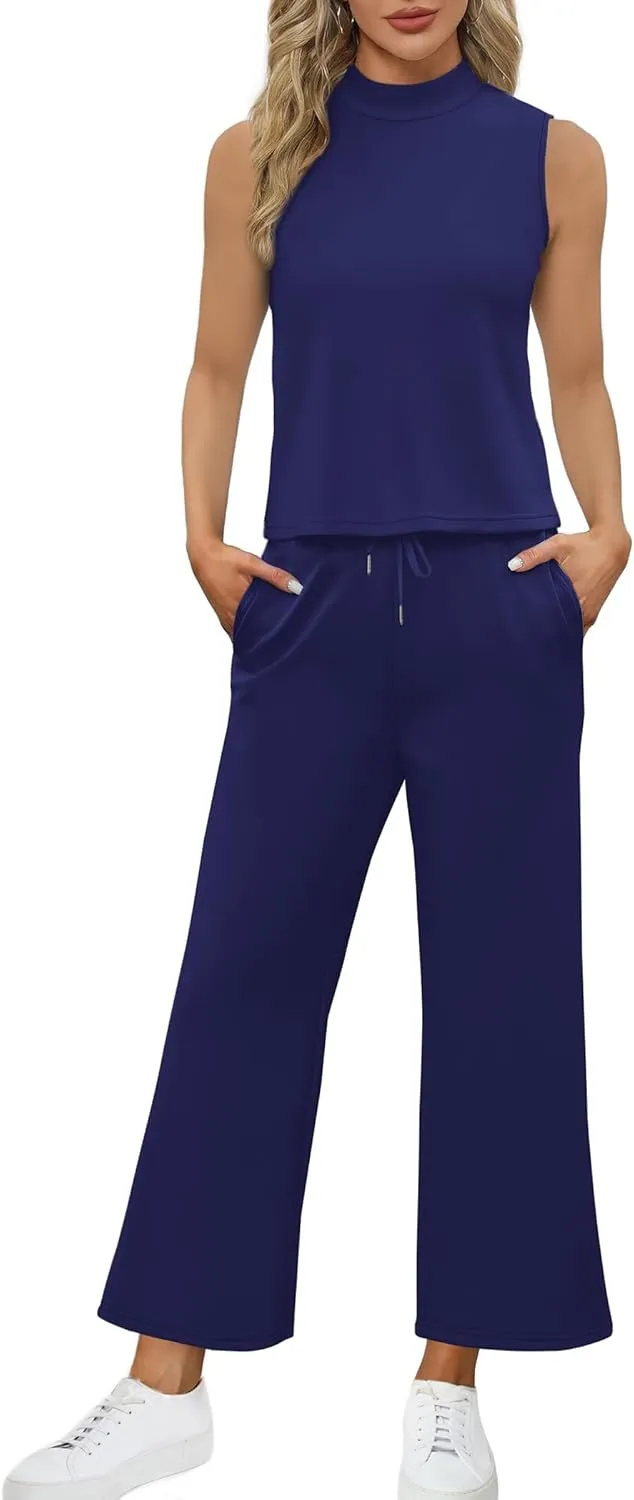 SAMPEEL Two Piece Sets for Women Summer Outfits Lounge Sets Mock Neck Tops Wide Leg Crop Pants Vacation Travel Outfits