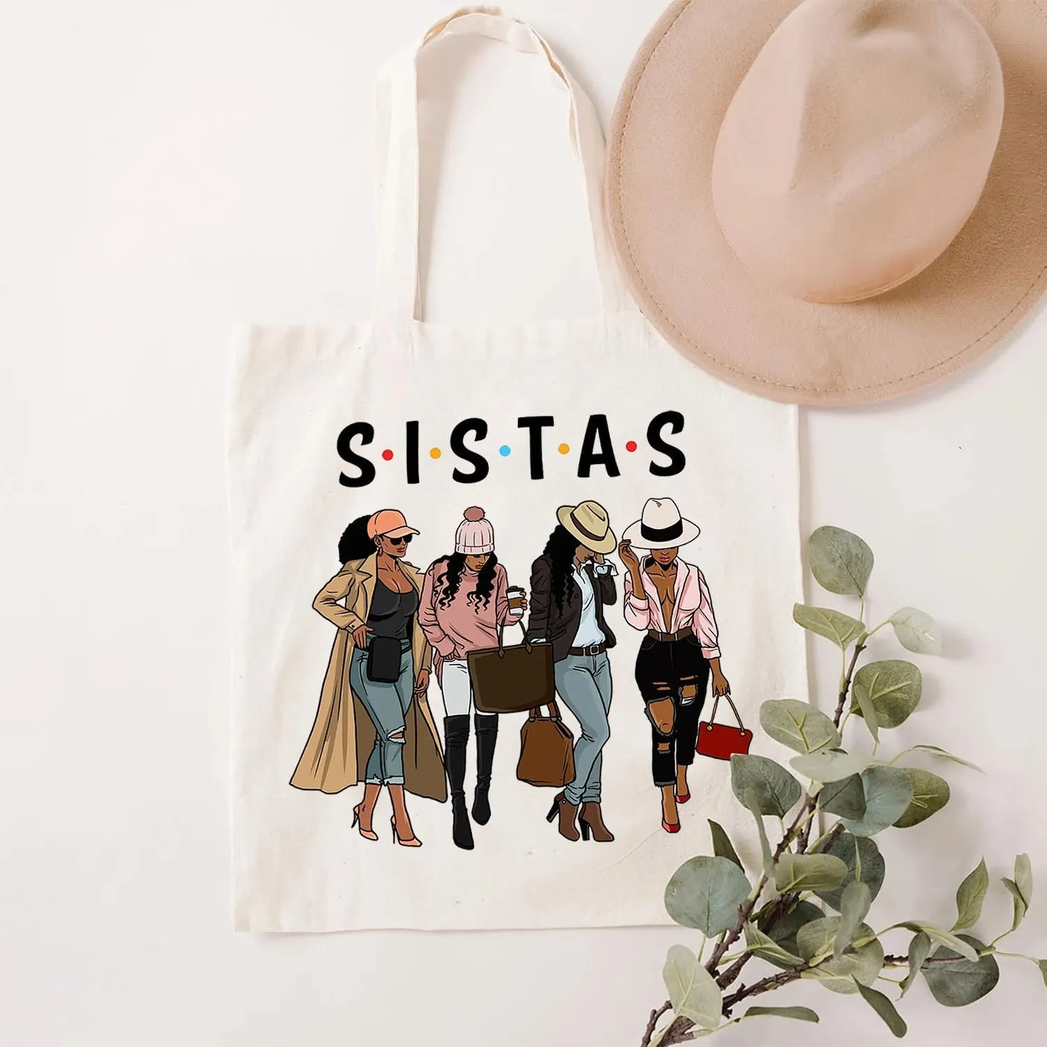 SAUIVD Funny Sistas Vacations Canvas Tote Bag Girls Dressing Styles Shoulder Bag Cute Travel Gift Reusable Grocery Bag