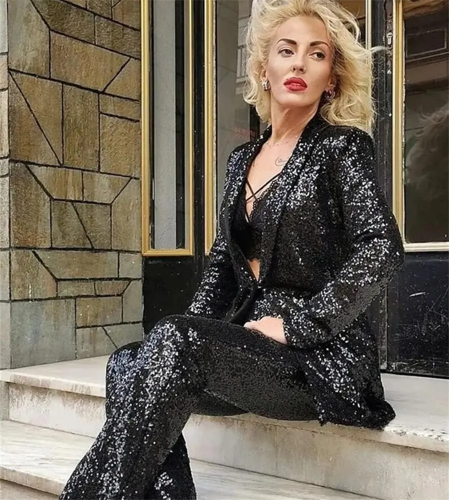 Sequins Women Suits Set Blazer Ladies Wedding Tuxedos Party Wear Suits