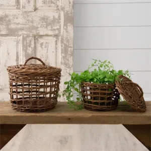 Set of 2 Open Woven Wicker Baskets with Lids
