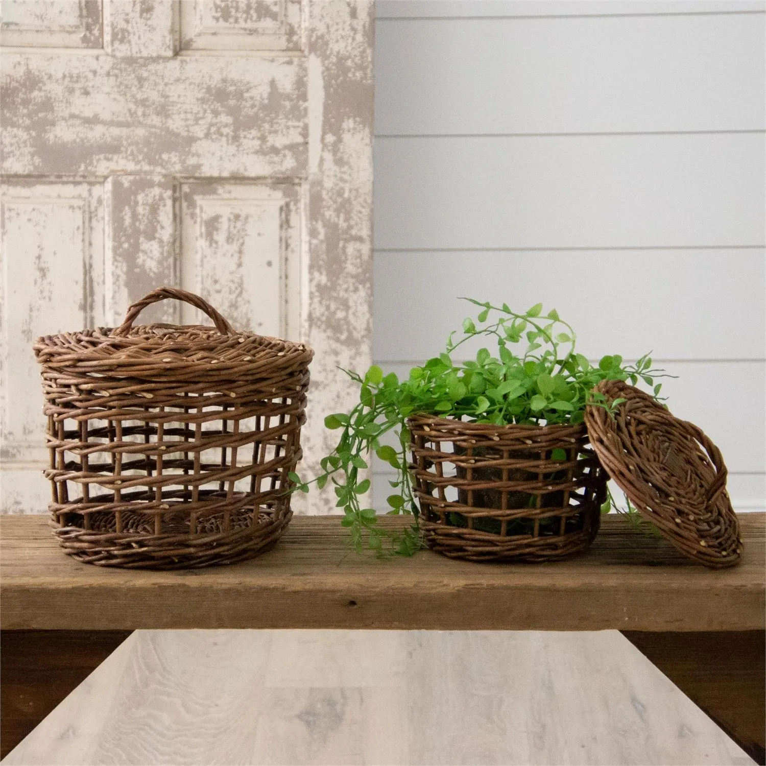Set of 2 Open Woven Wicker Baskets with Lids