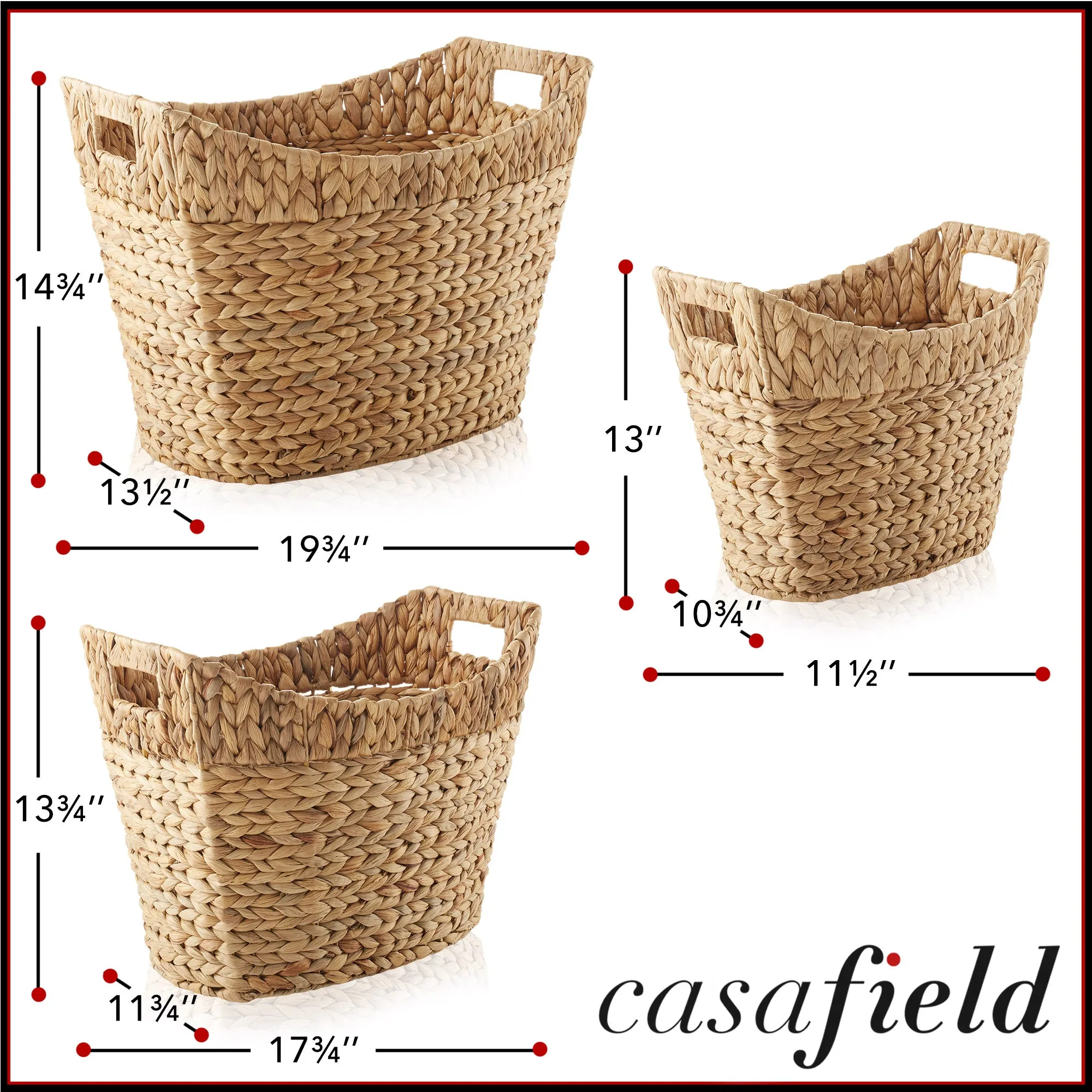 Set of 3 Water Hyacinth Oval Storage Baskets with Handles