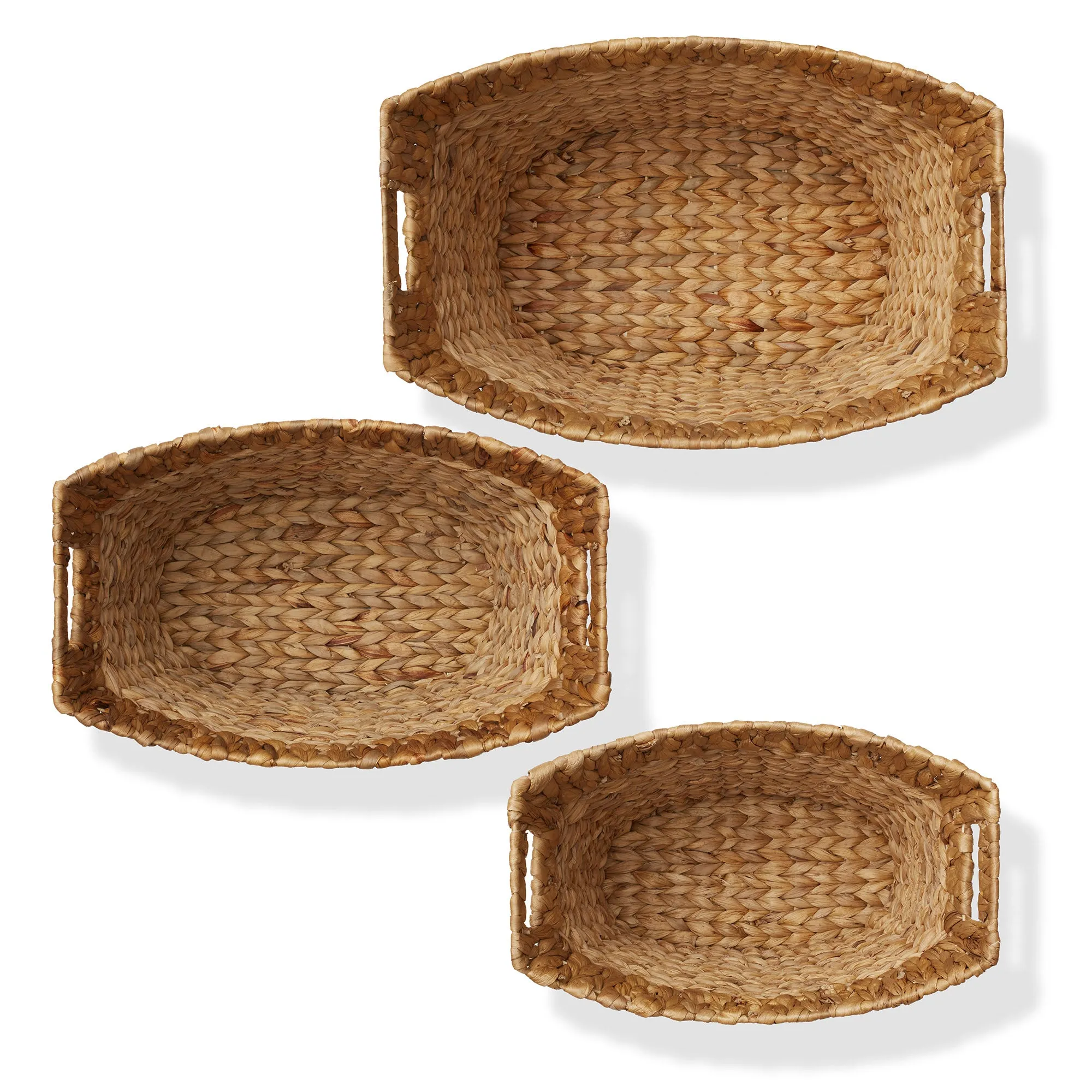 Set of 3 Water Hyacinth Oval Storage Baskets with Handles