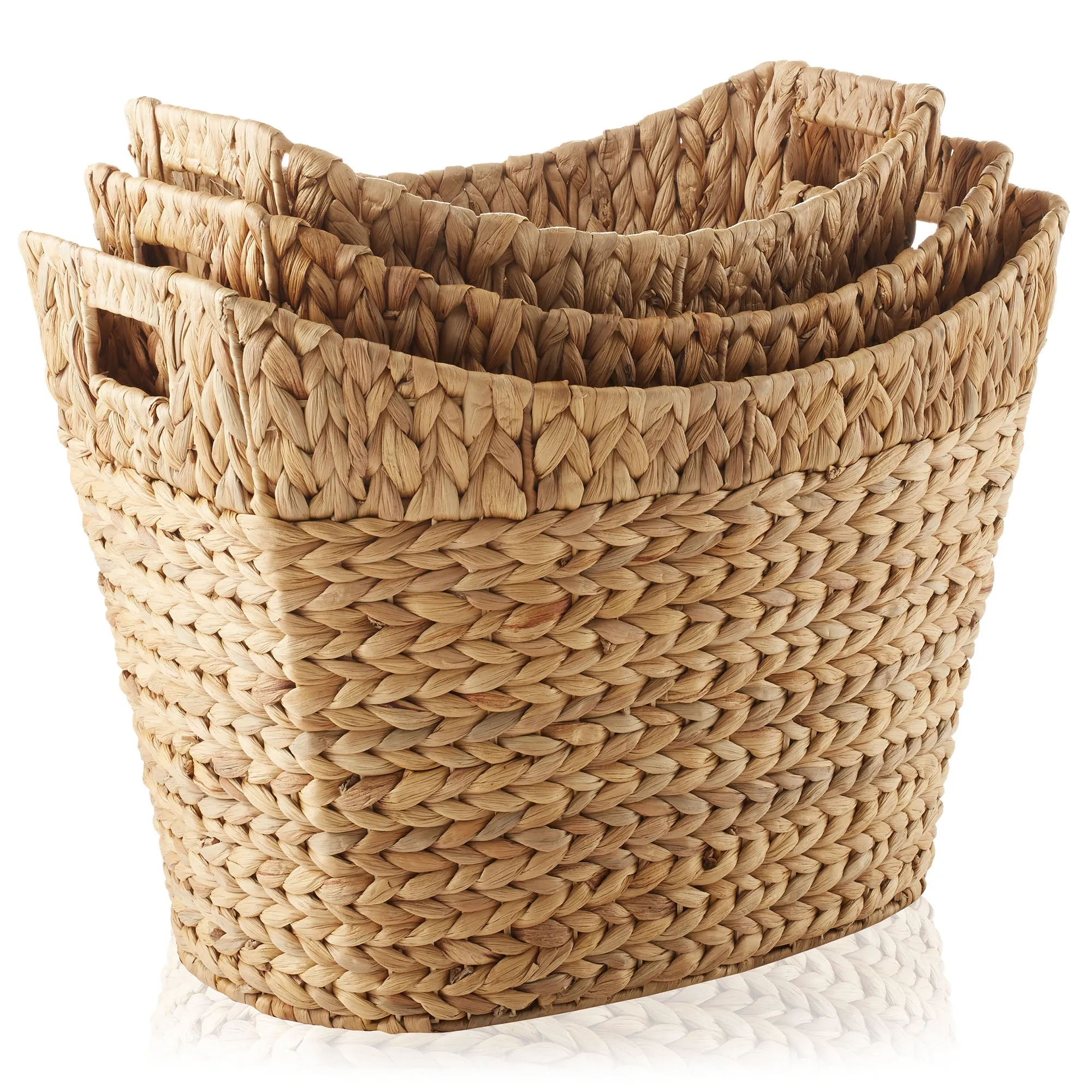 Set of 3 Water Hyacinth Oval Storage Baskets with Handles