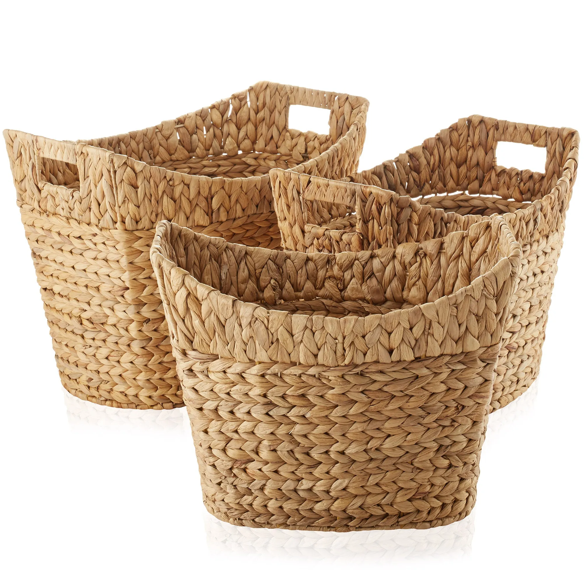 Set of 3 Water Hyacinth Oval Storage Baskets with Handles