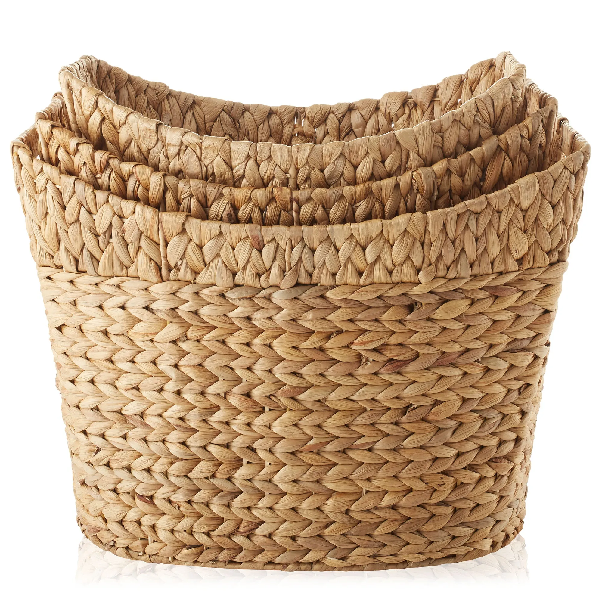 Set of 3 Water Hyacinth Oval Storage Baskets with Handles