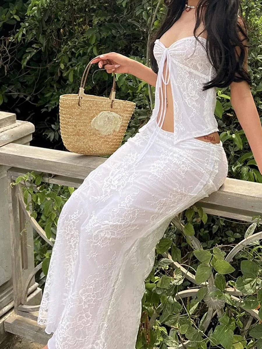 Sexy Maxi Skirt Sets Women 2 Piece Outfits Strapless Sheer Lace Tube Top Bodycon Long Skirt Y2k Going Out Outfits