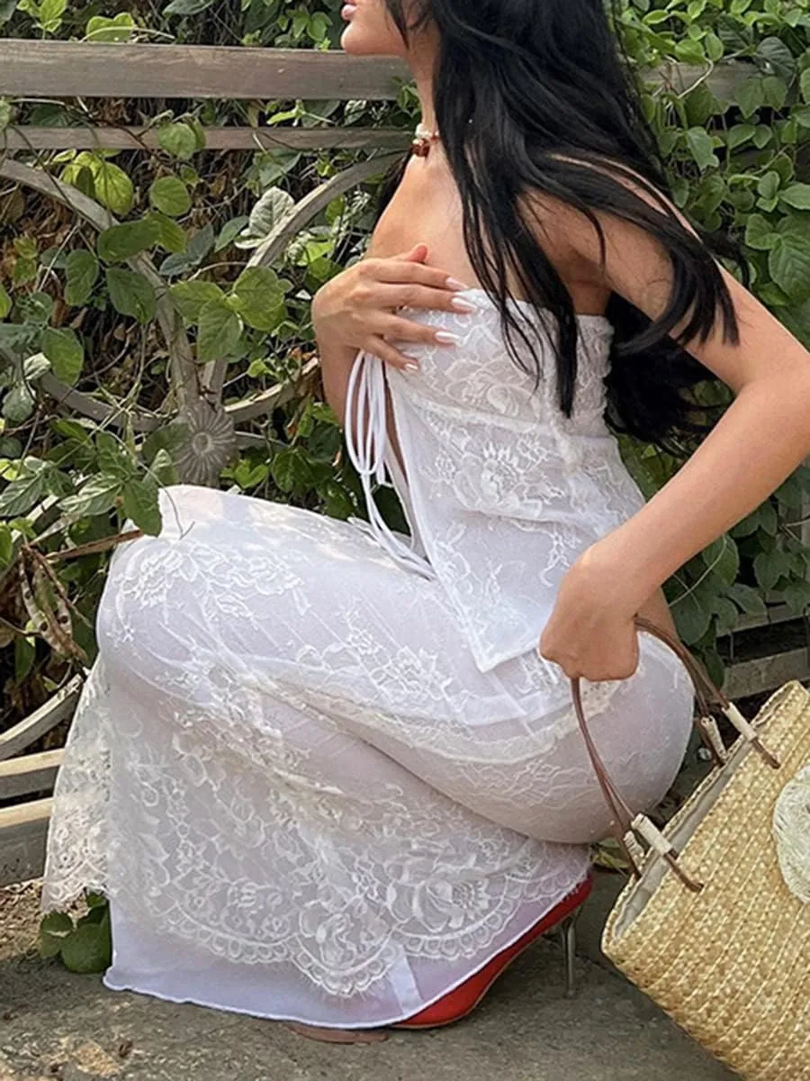 Sexy Maxi Skirt Sets Women 2 Piece Outfits Strapless Sheer Lace Tube Top Bodycon Long Skirt Y2k Going Out Outfits