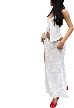 Sexy Maxi Skirt Sets Women 2 Piece Outfits Strapless Sheer Lace Tube Top Bodycon Long Skirt Y2k Going Out Outfits