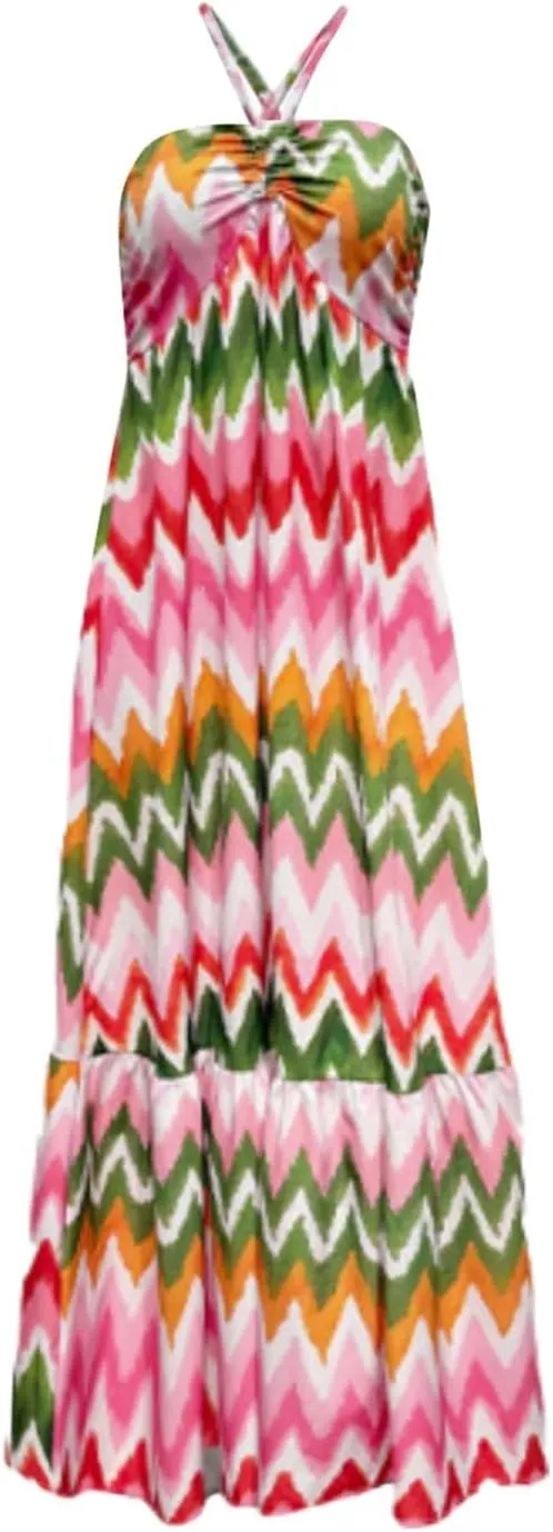 Sexy Suspender Long Skirt Dress with Patchwork Colors Outfits