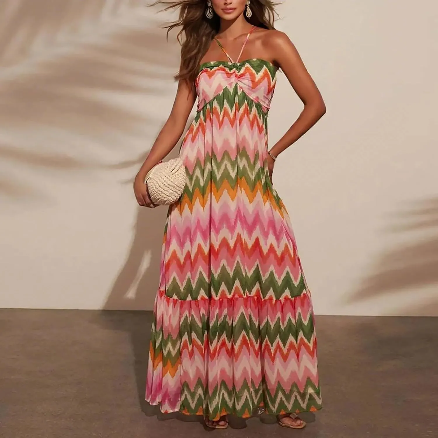 Sexy Suspender Long Skirt Dress with Patchwork Colors Outfits