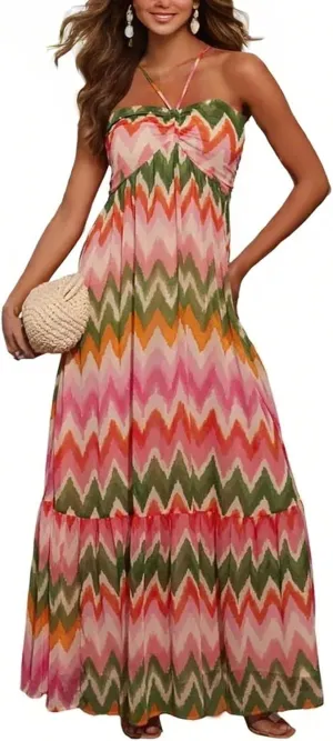 Sexy Suspender Long Skirt Dress with Patchwork Colors Outfits