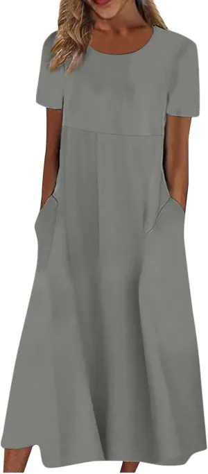 SGASY Summer Dresses 2024 Women Floral Pleated Midi Dress Short Sleeve Crew Neck Loose Fit Sundress Casual Tunic Dress