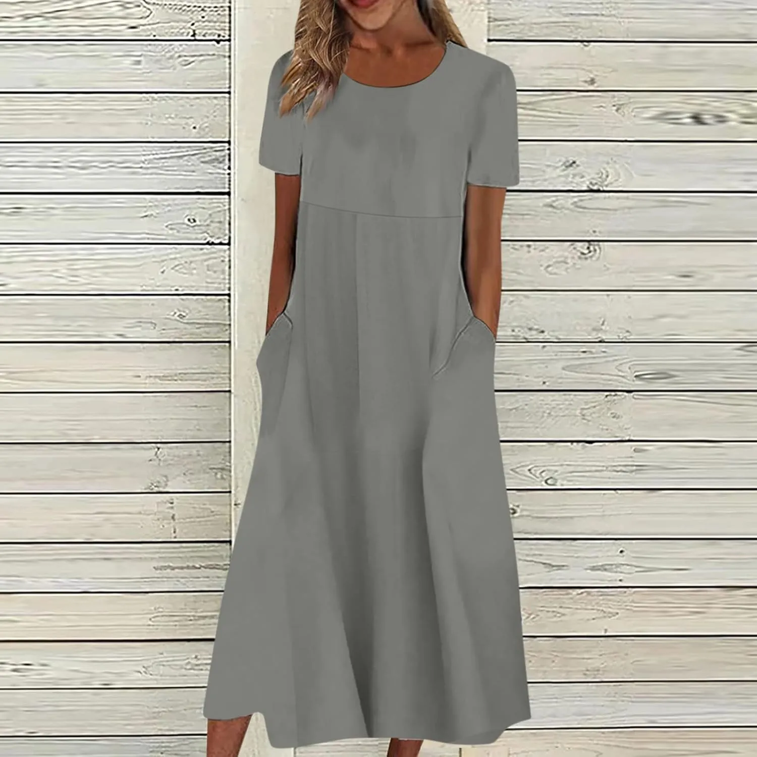 SGASY Summer Dresses 2024 Women Floral Pleated Midi Dress Short Sleeve Crew Neck Loose Fit Sundress Casual Tunic Dress