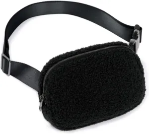 Sherpa Fleece Fanny Pack for Women & Men,Adjustable Crossbody Belt Bag for Gym, Running & Travel,Trendy Waist Pack Gift for Teens & Adults (black,20L)