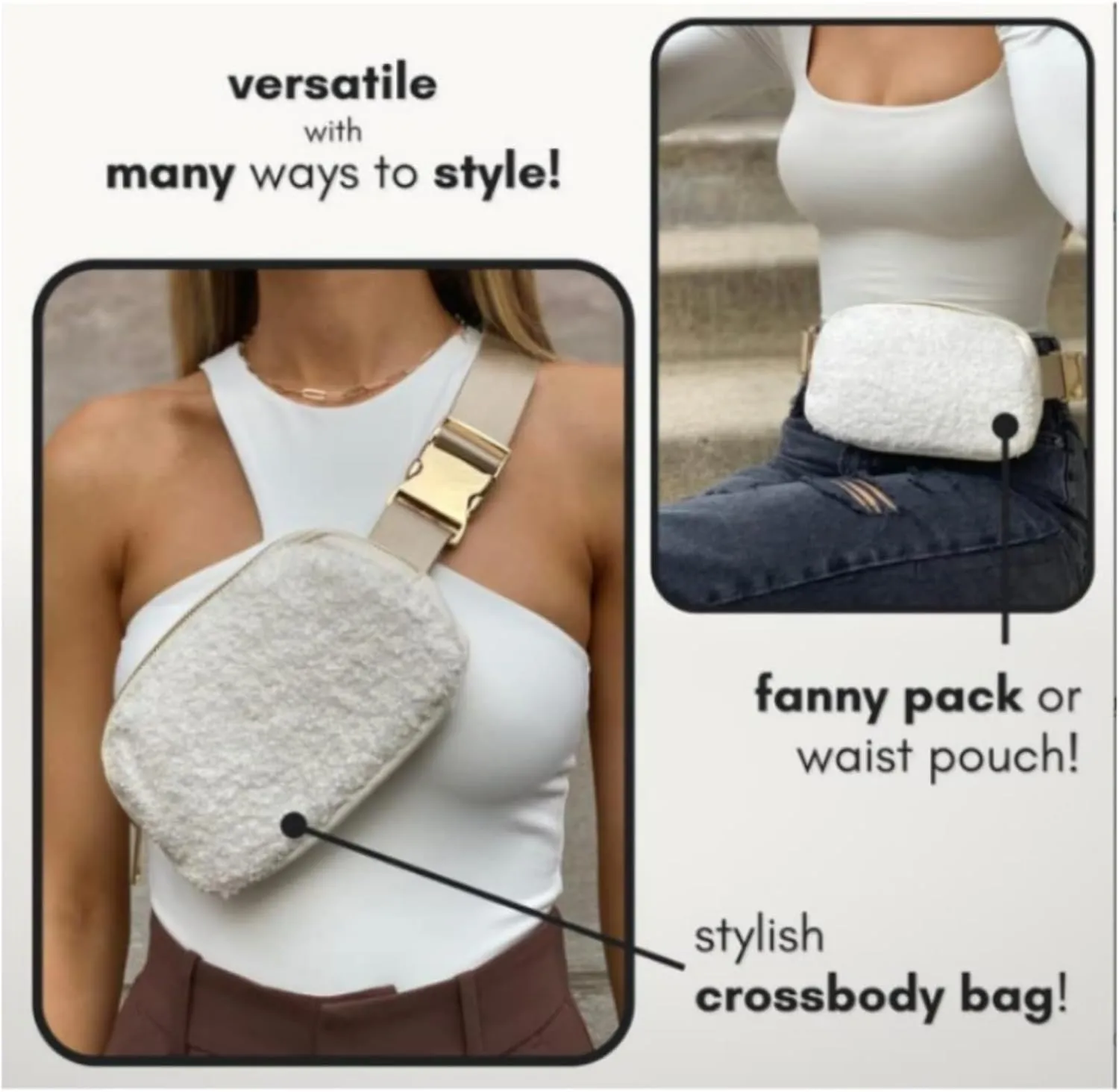 Sherpa Fleece Fanny Pack for Women & Men,Adjustable Crossbody Belt Bag for Gym, Running & Travel,Trendy Waist Pack Gift for Teens & Adults (brown,20L)