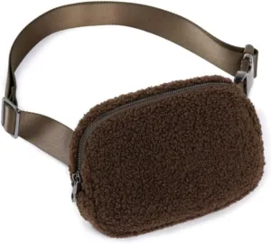 Sherpa Fleece Fanny Pack for Women & Men,Adjustable Crossbody Belt Bag for Gym, Running & Travel,Trendy Waist Pack Gift for Teens & Adults (brown,20L)