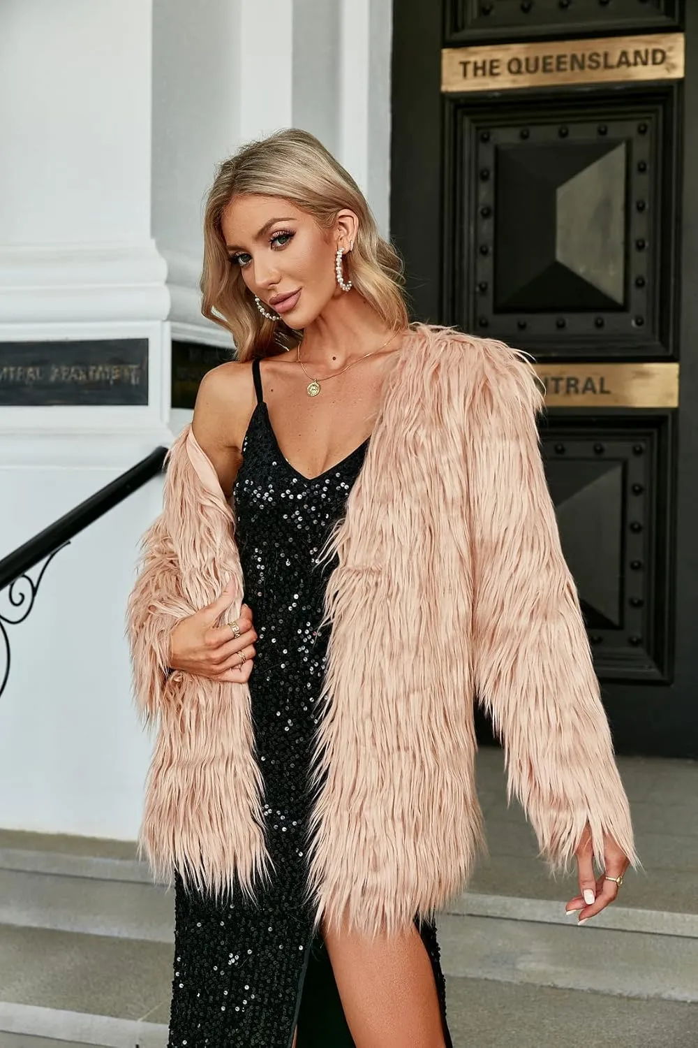 Simplee Apparel Women's Long Sleeve Fluffy Faux Fur Warm Coat