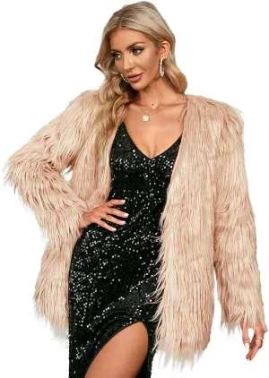 Simplee Apparel Women's Long Sleeve Fluffy Faux Fur Warm Coat