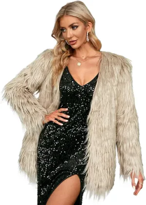 Simplee Apparel Women's Long Sleeve Fluffy Faux Fur Warm Coat