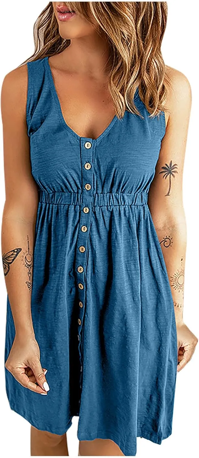 Sinzelimin Dresses for Women 2024 Casual Summer Sleeveless V-Neck Mini Dress, Women's Trendy Beach Sundresses Tank Dresses
