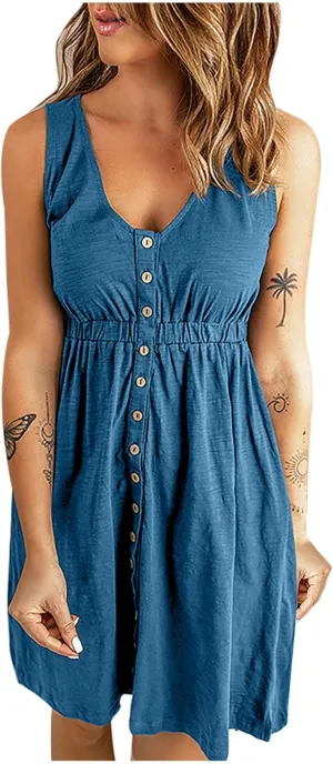Sinzelimin Dresses for Women 2024 Casual Summer Sleeveless V-Neck Mini Dress, Women's Trendy Beach Sundresses Tank Dresses