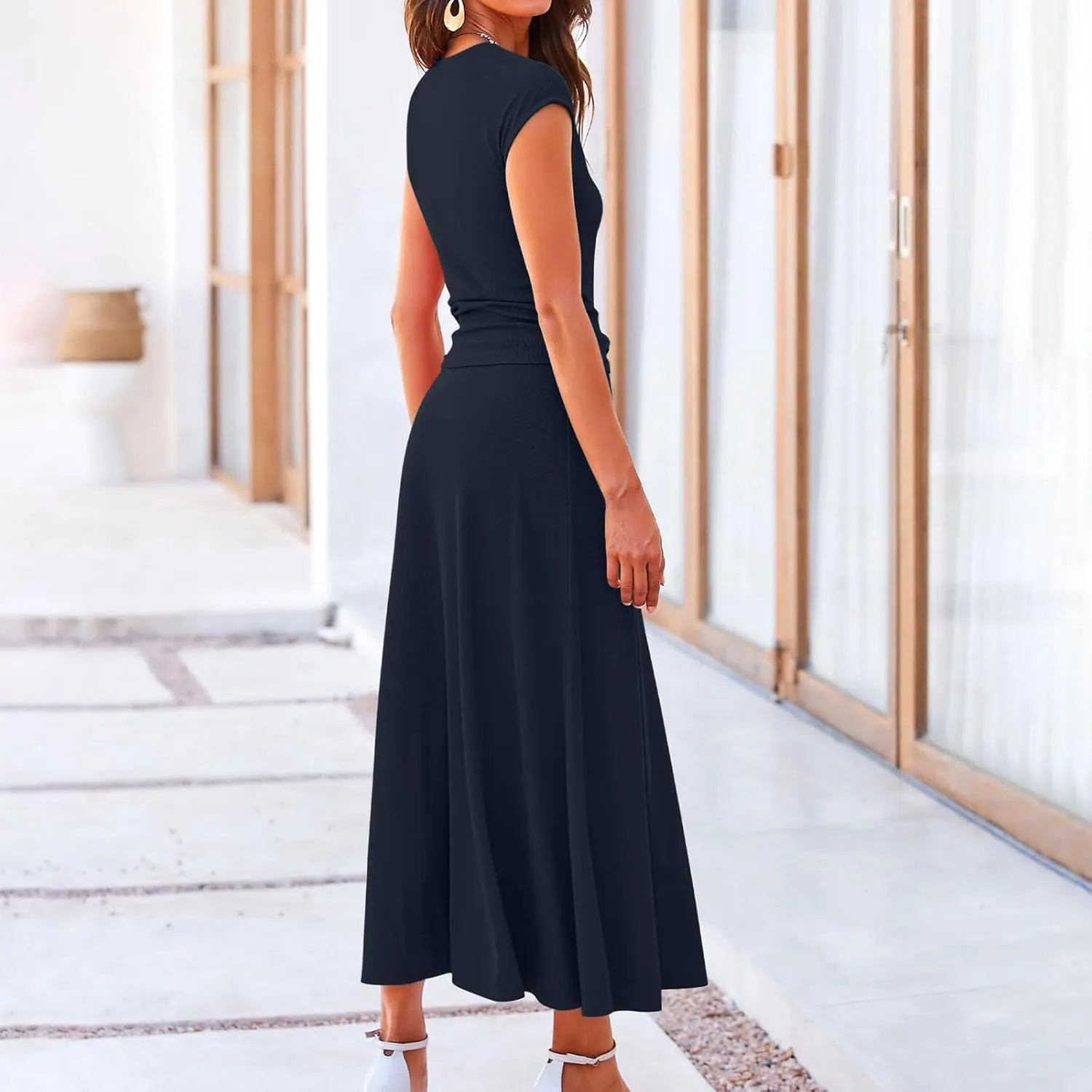 Skirt Set Women 2 Piece Outfits Dressy Casual Summer Ribbed Knit Short Sleeve Crop Top Elastic High Waist Midi Skirts