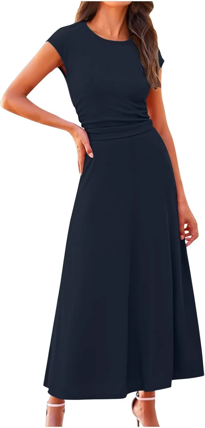 Skirt Set Women 2 Piece Outfits Dressy Casual Summer Ribbed Knit Short Sleeve Crop Top Elastic High Waist Midi Skirts