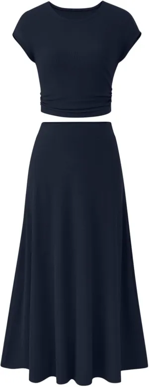 Skirt Set Women 2 Piece Outfits Dressy Casual Summer Ribbed Knit Short Sleeve Crop Top Elastic High Waist Midi Skirts