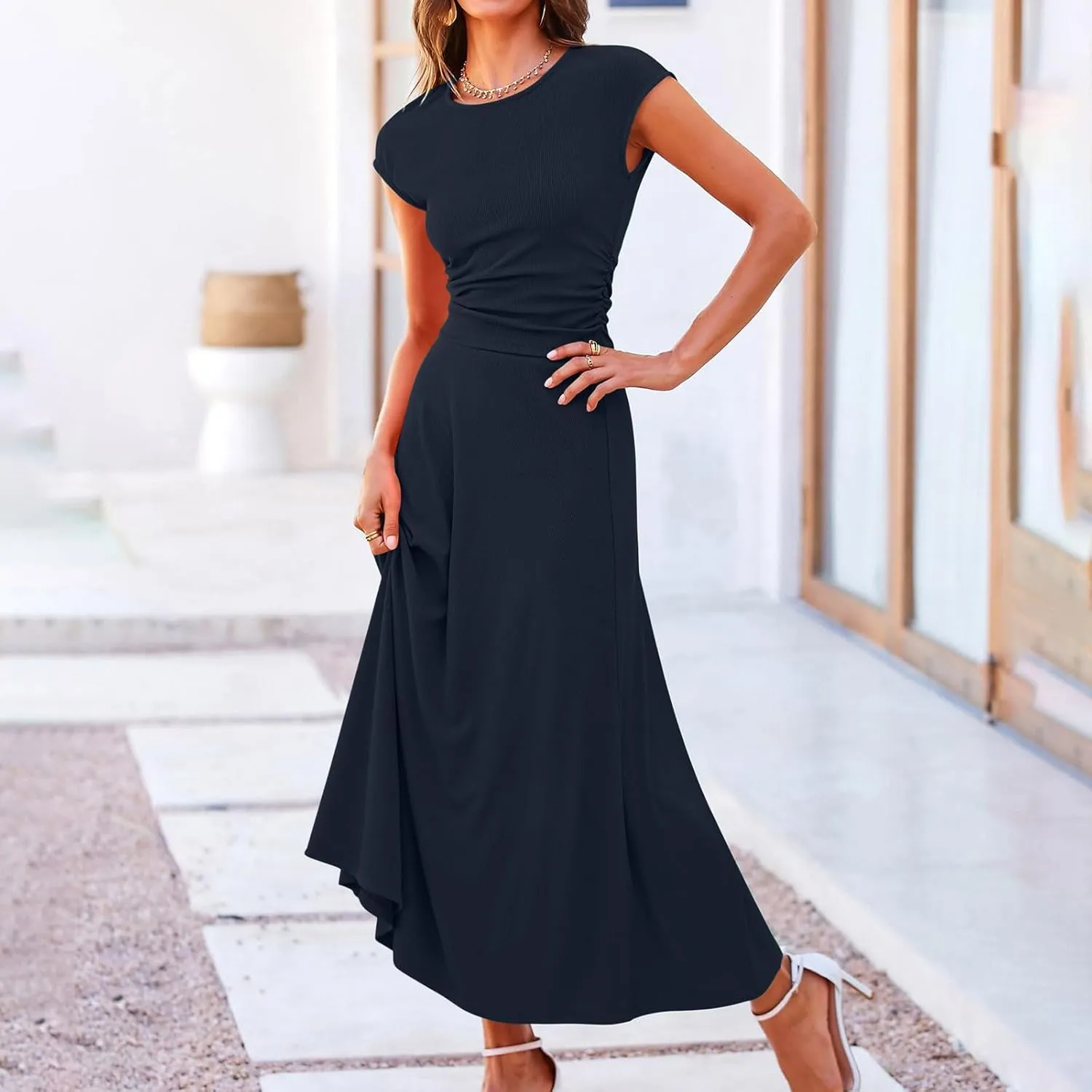 Skirt Set Women 2 Piece Outfits Dressy Casual Summer Ribbed Knit Short Sleeve Crop Top Elastic High Waist Midi Skirts