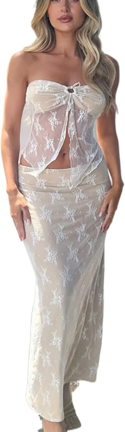 Skirt Sets Women 2 Piece Outfits Sexy Lace Strapless Crop Tube Top Bodycon Long Skirts Summer Outfits