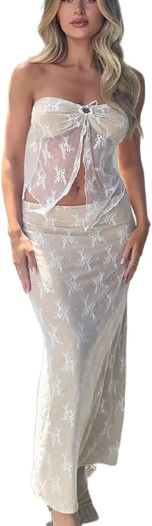 Skirt Sets Women 2 Piece Outfits Sexy Lace Strapless Crop Tube Top Bodycon Long Skirts Summer Outfits