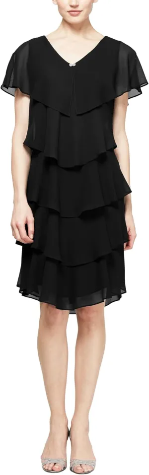 S.L. Fashions Women's Short Sleeve Tiered Chiffon Cocktail Dress, Wedding Guest Gown (Petite and Regular Sizes)