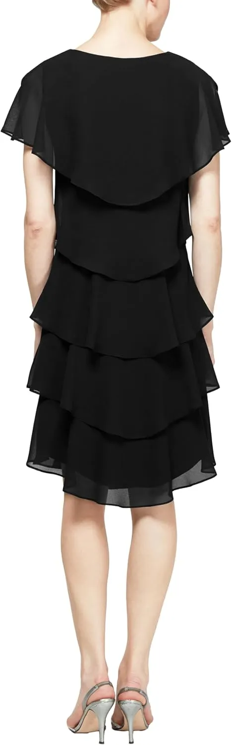 S.L. Fashions Women's Short Sleeve Tiered Chiffon Cocktail Dress, Wedding Guest Gown (Petite and Regular Sizes)
