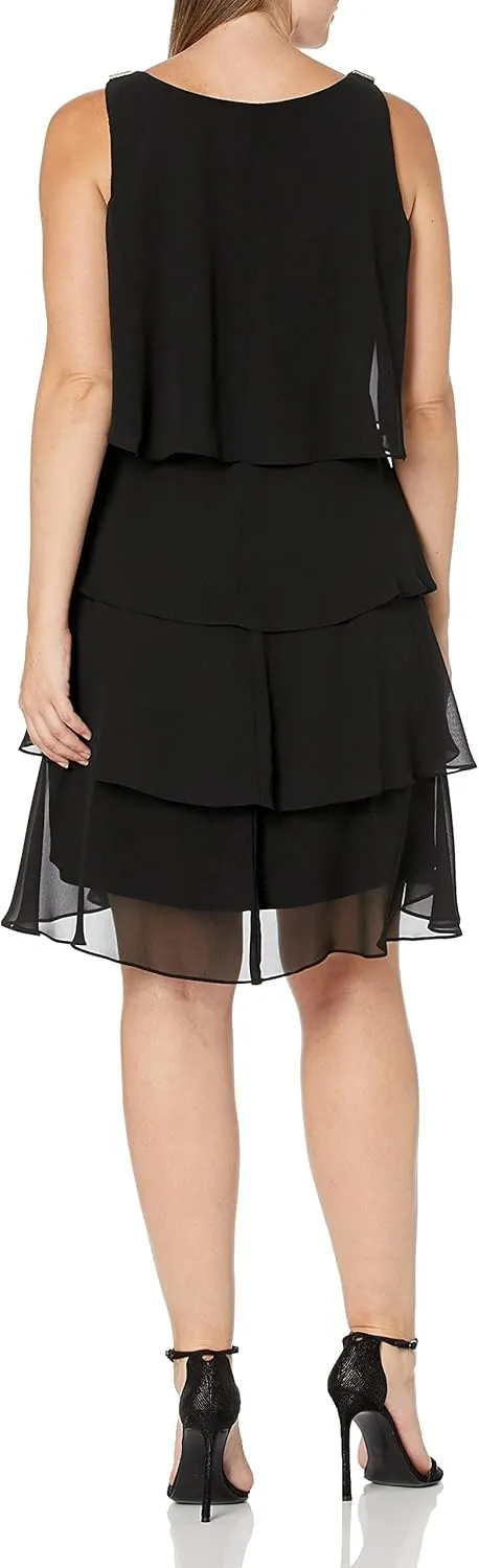 S.L. Fashions Women's Sleeveless Chiffon Tiered Cocktail Dress, Wedding Guest, Party Gown (Petite and Regular Sizes)