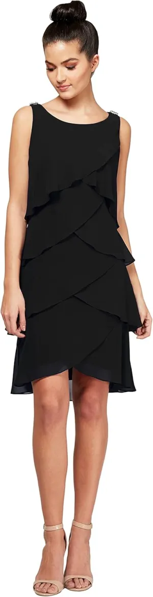 S.L. Fashions Women's Sleeveless Chiffon Tiered Cocktail Dress, Wedding Guest, Party Gown (Petite and Regular Sizes)