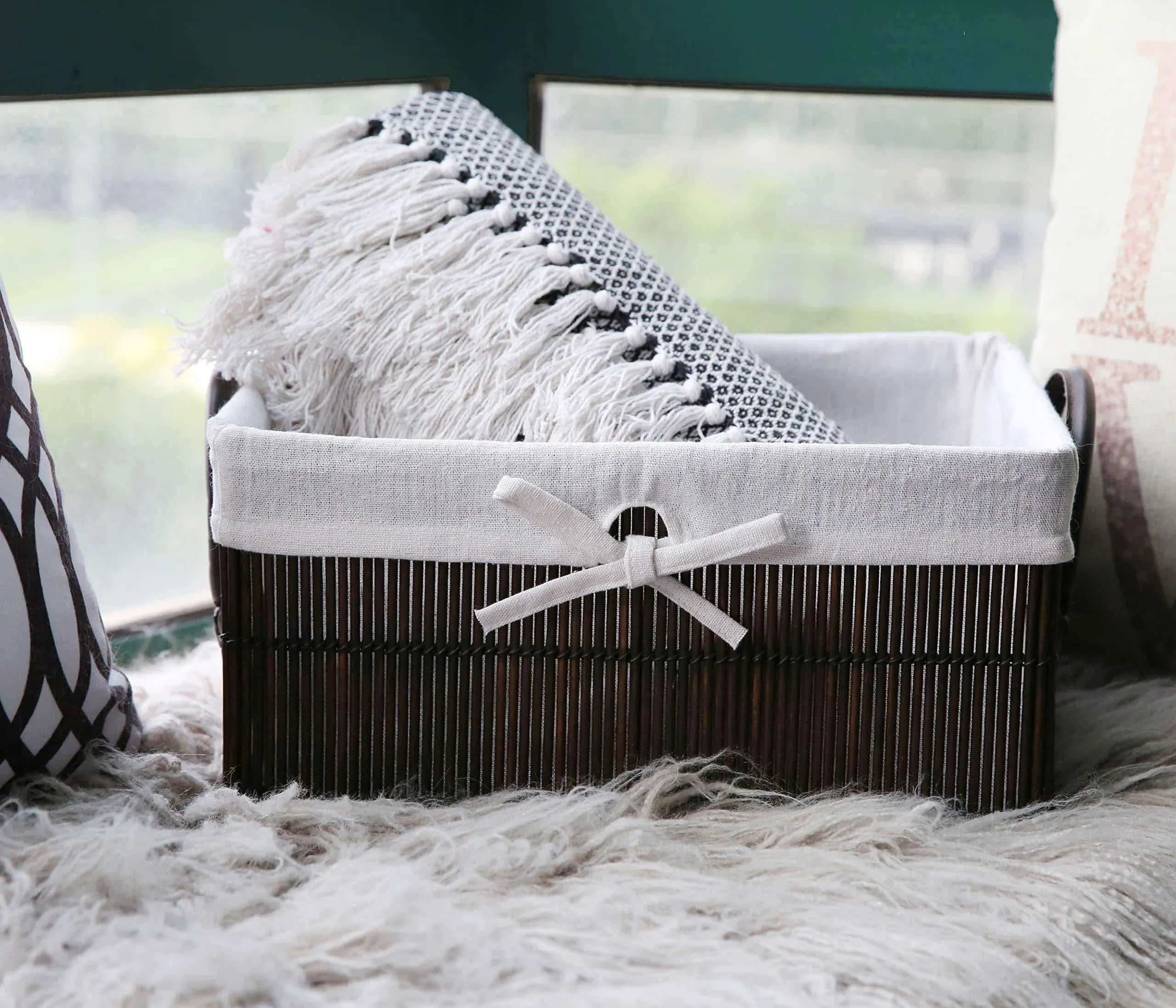 SLPR Rectangular Bamboo Baskets with Leather Handles and Lining (Set of 3) | Farmhouse Rustic Country Style Storage for Closet Bedroom Kitchen Nursery