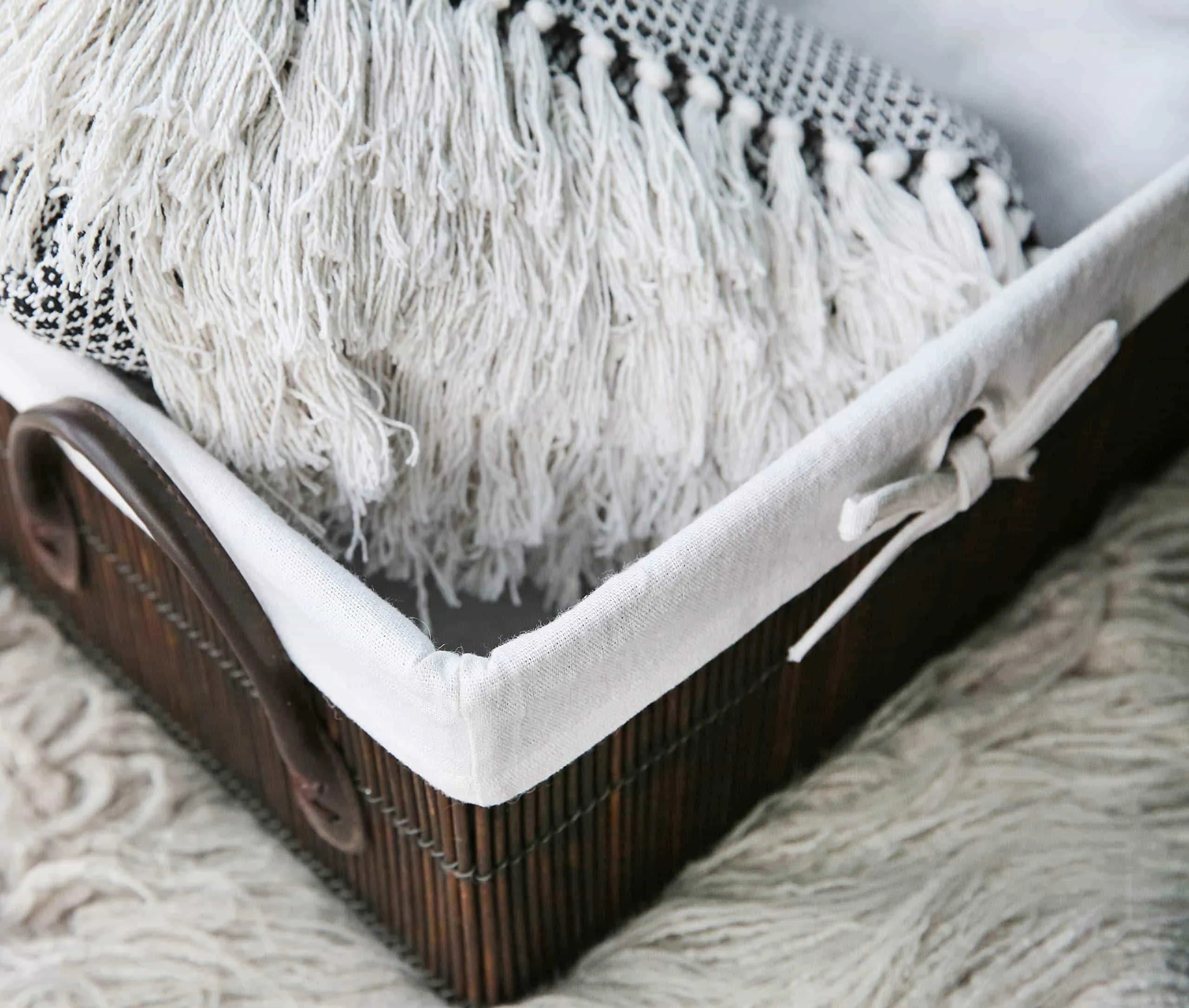 SLPR Rectangular Bamboo Baskets with Leather Handles and Lining (Set of 3) | Farmhouse Rustic Country Style Storage for Closet Bedroom Kitchen Nursery