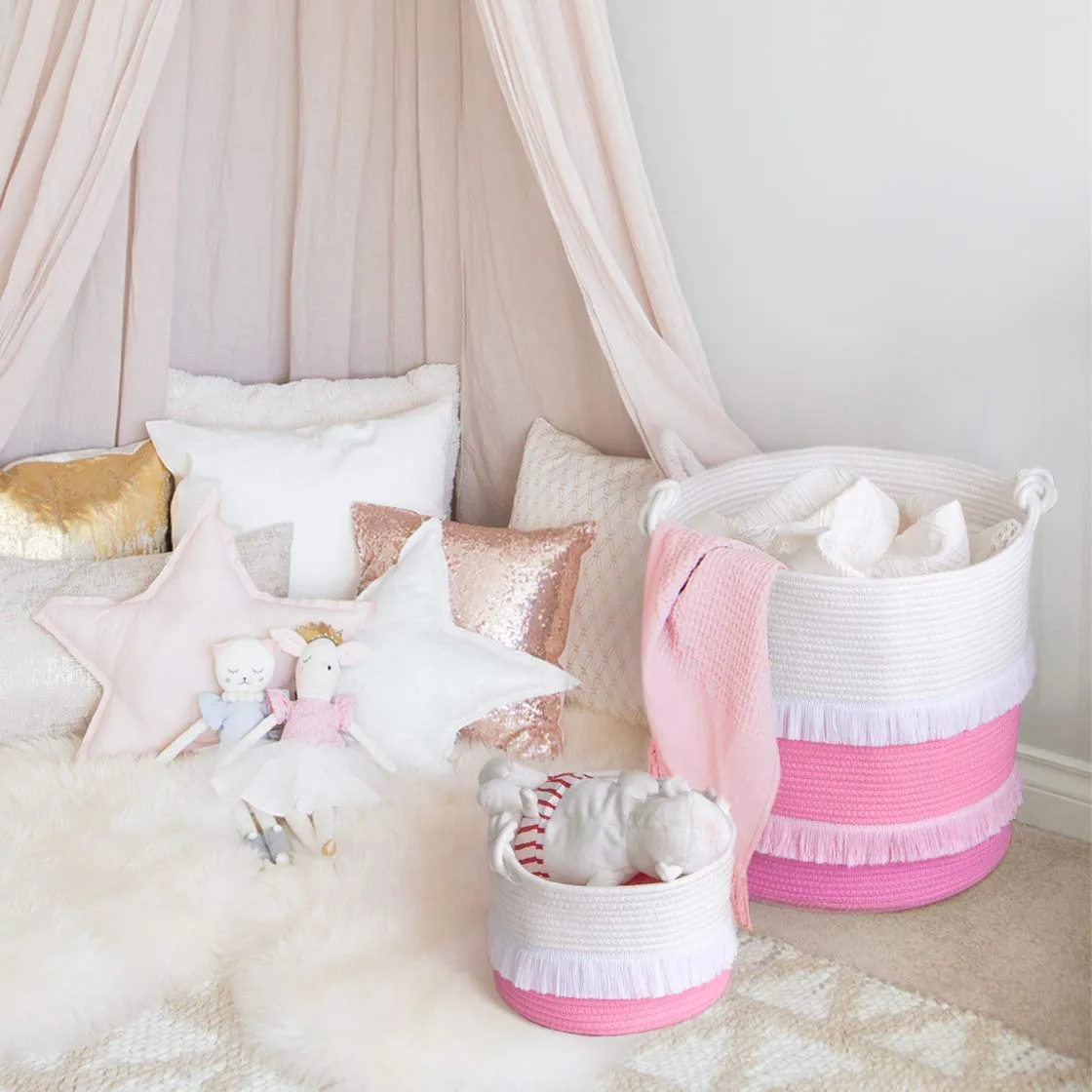 Small Rope Basket, Cute Tassel Decor for Girl, Pink