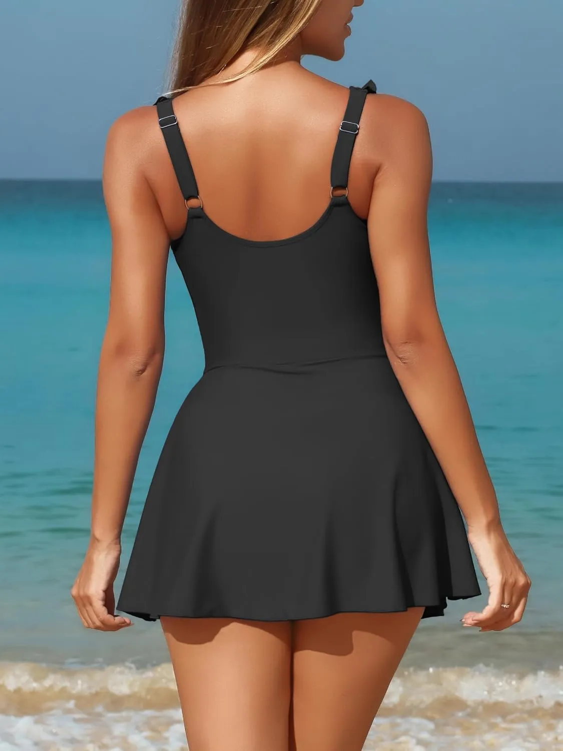 Smismivo Swim Dress Women Tummy Control Slimming One Piece Swimsuit Ruffle Skirt Modest Full Coverage Ruched V Neck Swimwear