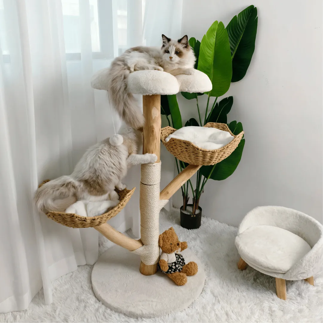 Solid Wood Cat Tree Tower with Plush Perch, Baskets & Scratching Post