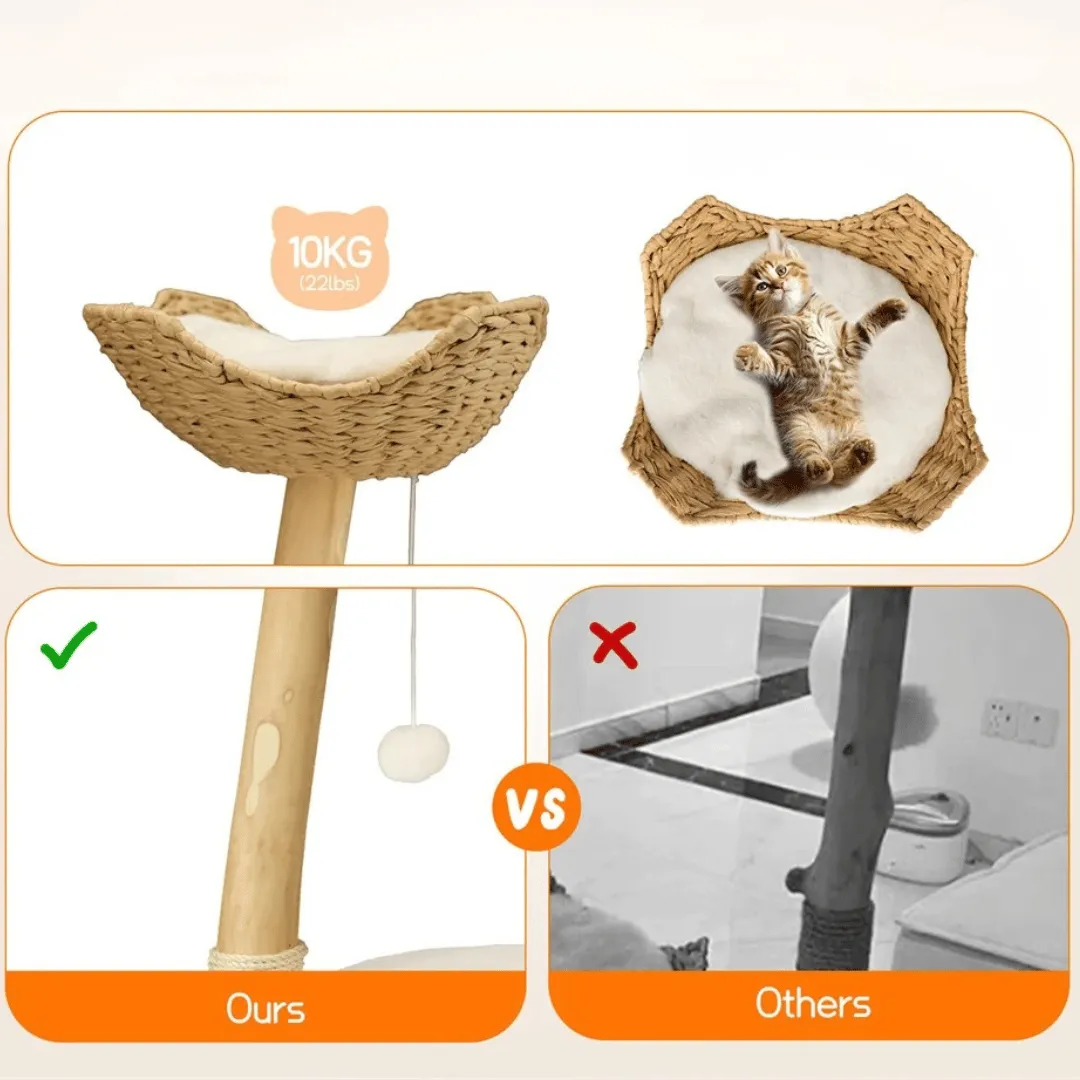 Solid Wood Cat Tree Tower with Plush Perch, Baskets & Scratching Post